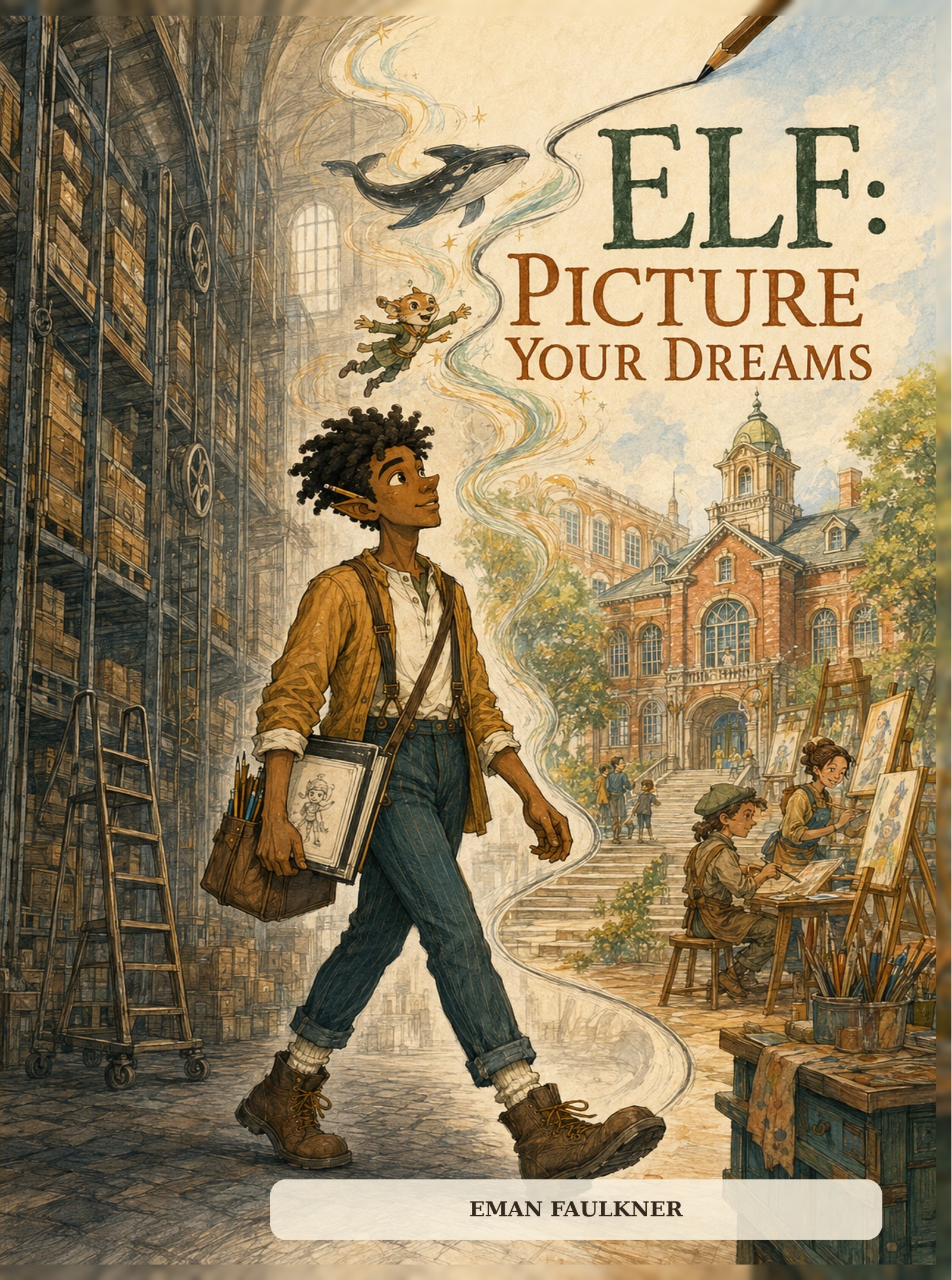 ELF: Picture Your Dreams cover. Elf walks with his sketchbook from a shadowed factory toward a bright world of art and imagination.