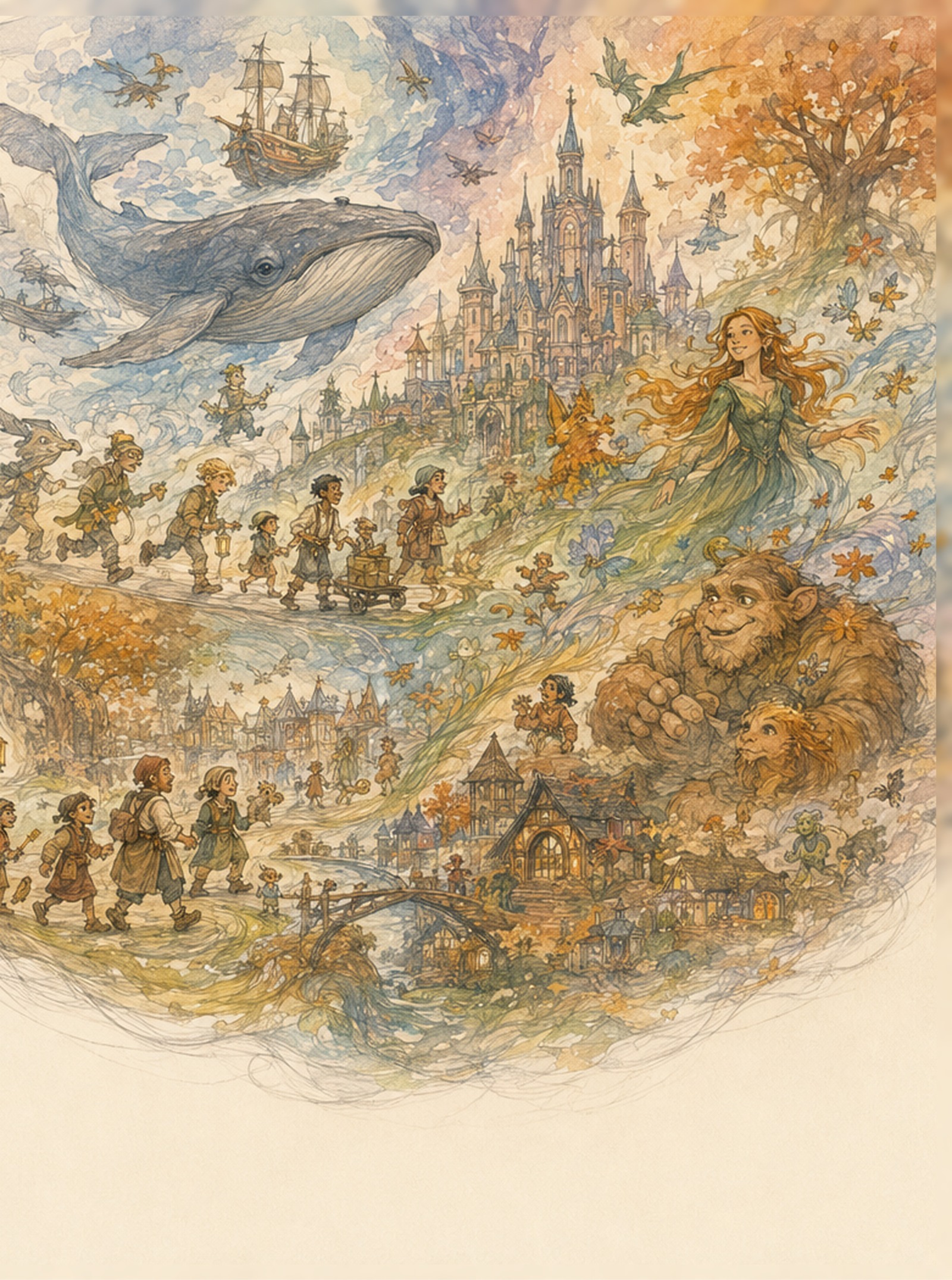 A flying whale, sailing ships, a castle, and fantastic creatures fill Elf’s imagined world.